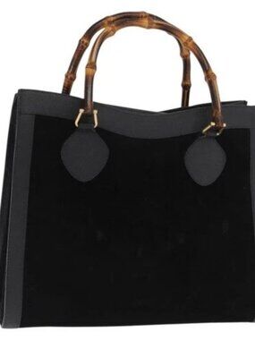GUCCI Bamboo Hand Bag Suede Black Gold 002 1186 0260 Auth 169382